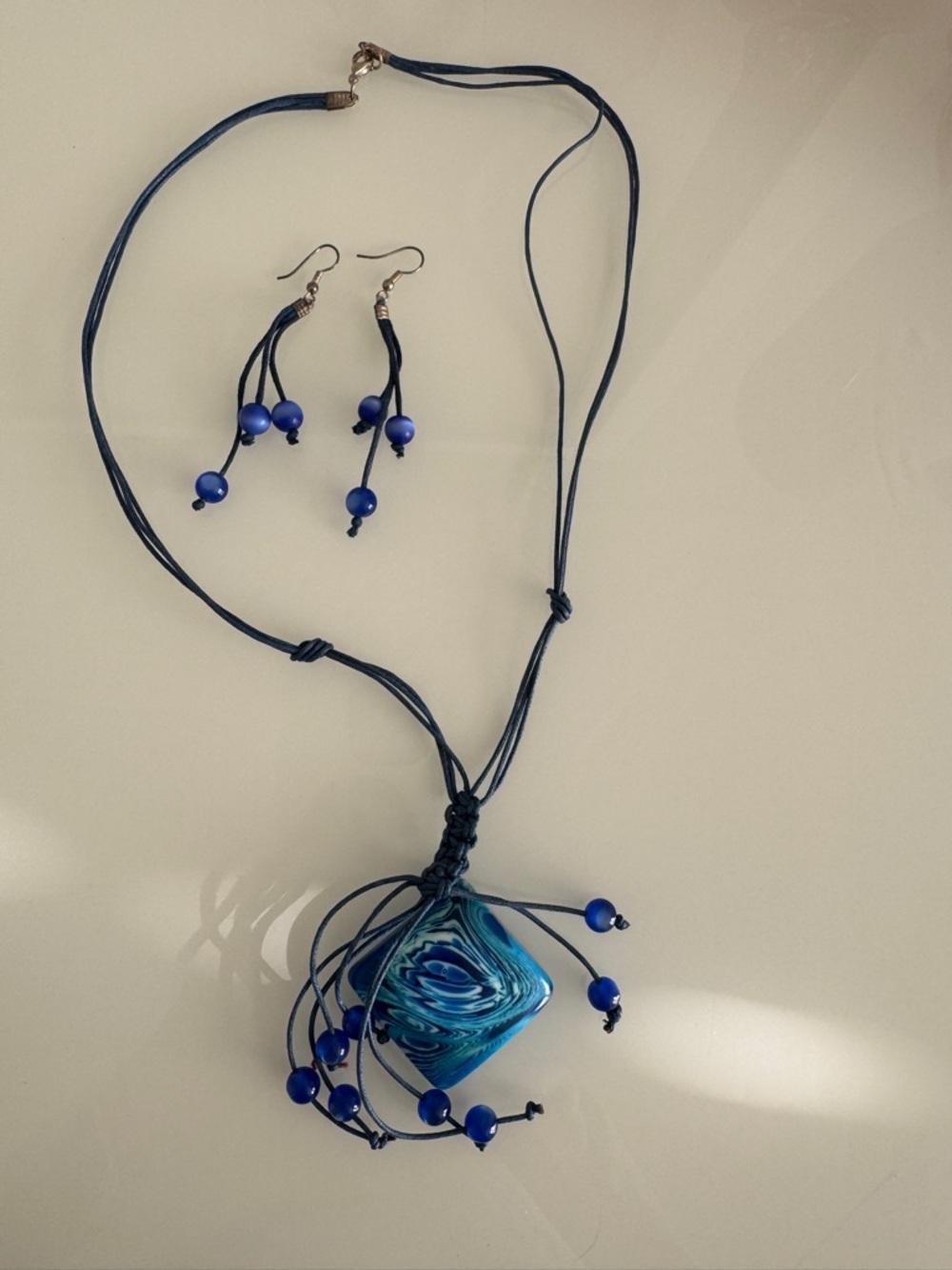 Handmade Blue Swirl Pendant Necklace with Matching Earrings
